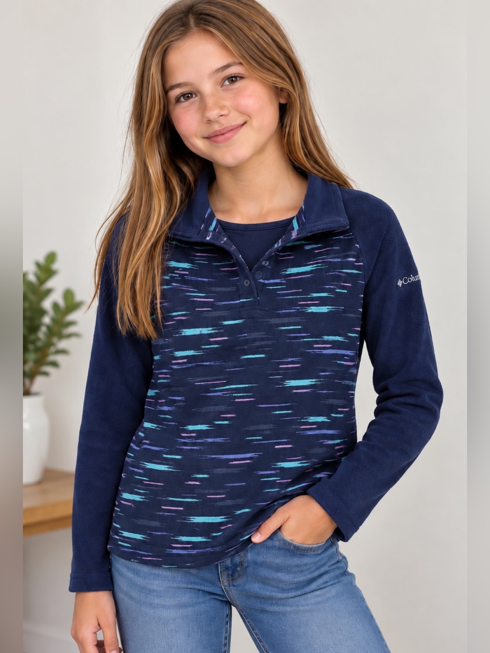 Columbia Girls Navy Printed Fleece Quarter Zip Pullover Size Large